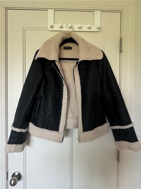 Black Faux Leather Shearling Jacket with Cream Trim